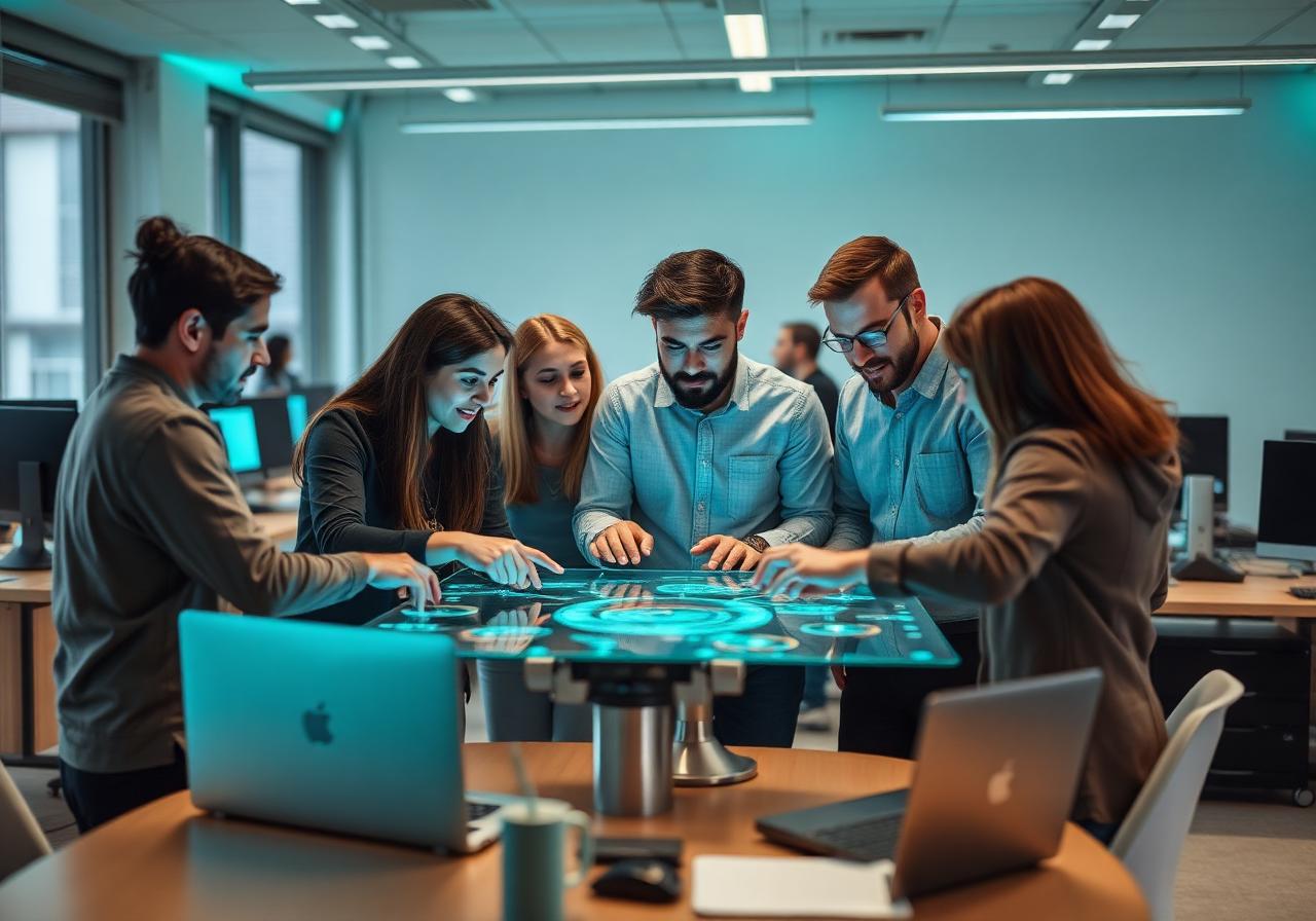 Engineering team collaborating around a holographic interface