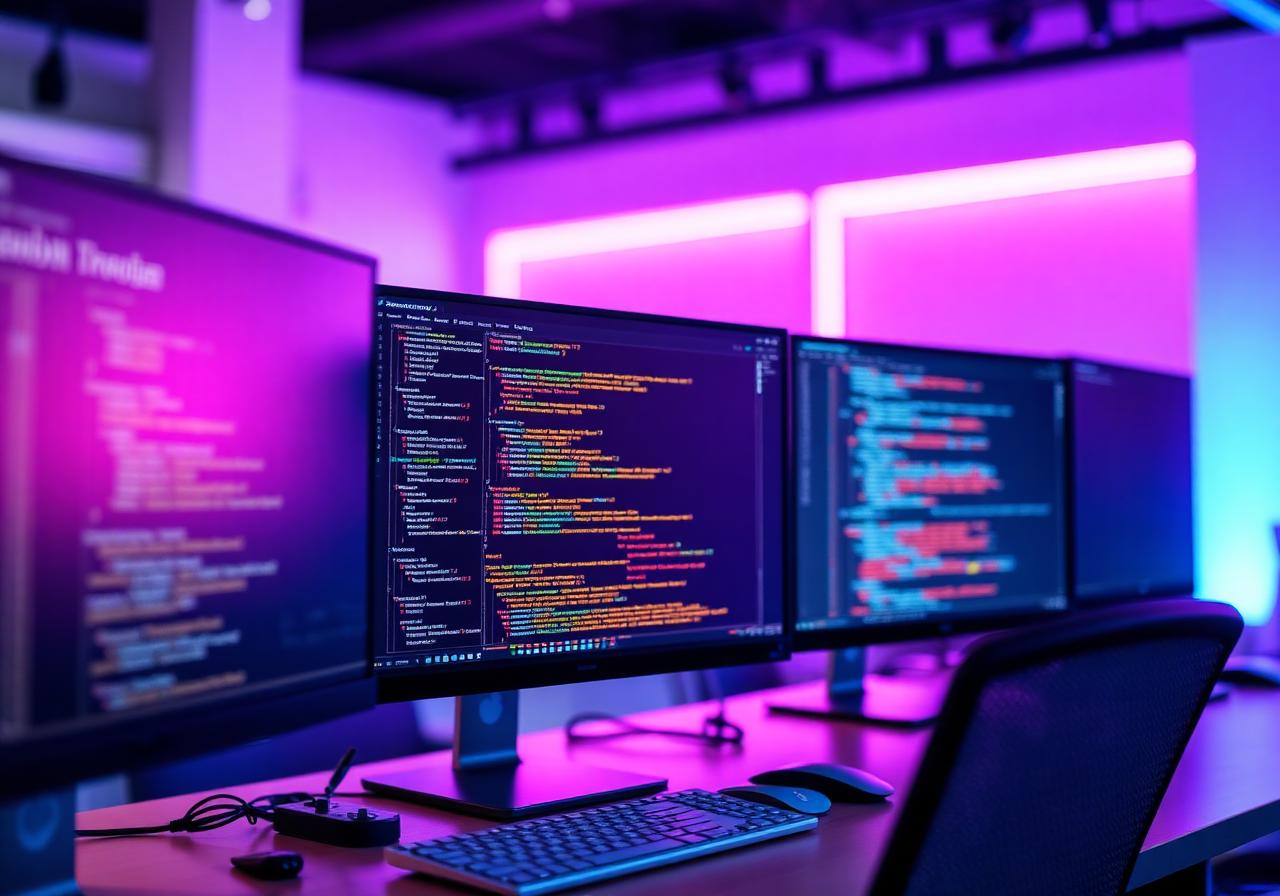 Software development workspace with multiple monitors